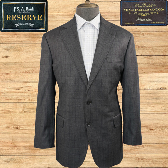 Jos A Bank Reserve Suit Jacket Mens 44R Vitale Barberis Wool Windowpane Gray EUC - Picture 1 of 8